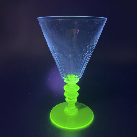 Seneca Theodule Green and Clear Top Uranium Stem Optic Cut Top Goblet Cups Set 2 - Picture 15 of 16